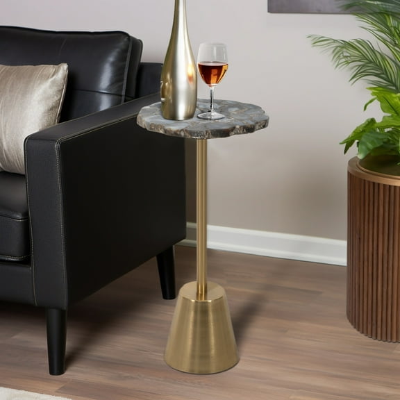 24" Gold Iron Base Rough Edge Agate Top Side Accent Table for Glamorous and Natural Living Room or Bedroom Decor