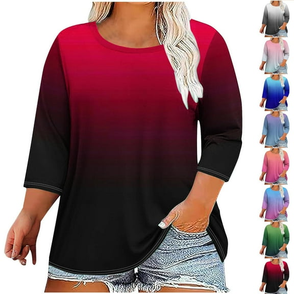 Ahuyic Womens Plus Size Top, Casual 3/4 Sleeve Blouse For Autumns And Winter, Womens Plus Size Printed Round Neck Three Quarter Sleeve Loose T-shirt Top