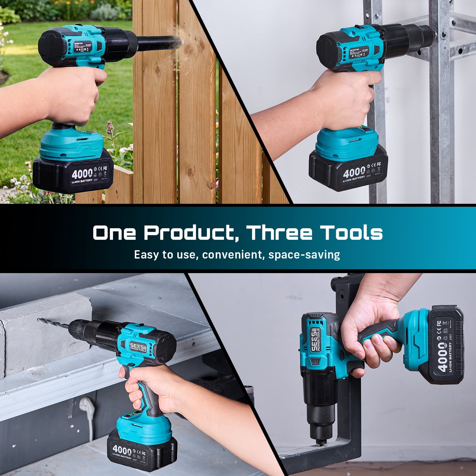 Seesii 3-in-1 Cordless Electric Rivet/Drill /Nut Gun Tool for Nutsert, Rivets ,4000mah Battery Powered Pop Rivet/Nut Gun, Auto/Manual Rivet