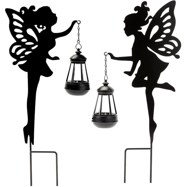 Lampes solaires sur piquet de jardin – Lot de 2 lanternes suspendues  féeriques en métal pour décoration de jardin extérieur silhouette lumière  piquet ornements décoratifs de jardin pour pelouse, terrasse ou cour