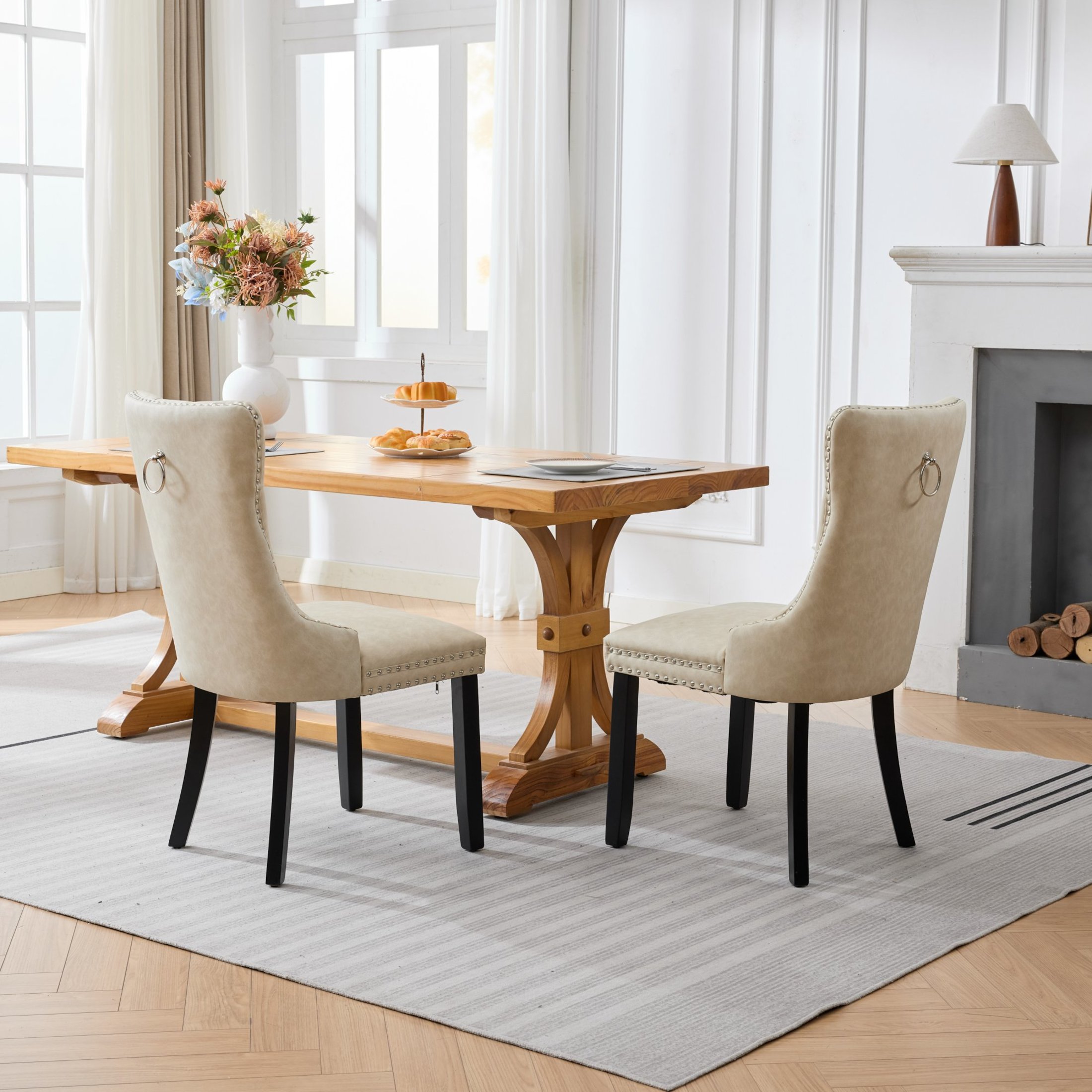 GDF Studio 24.4" Vintage Dining Chairs Set of 2 with PU Upholstery, Button-Tufted High Back, Beige