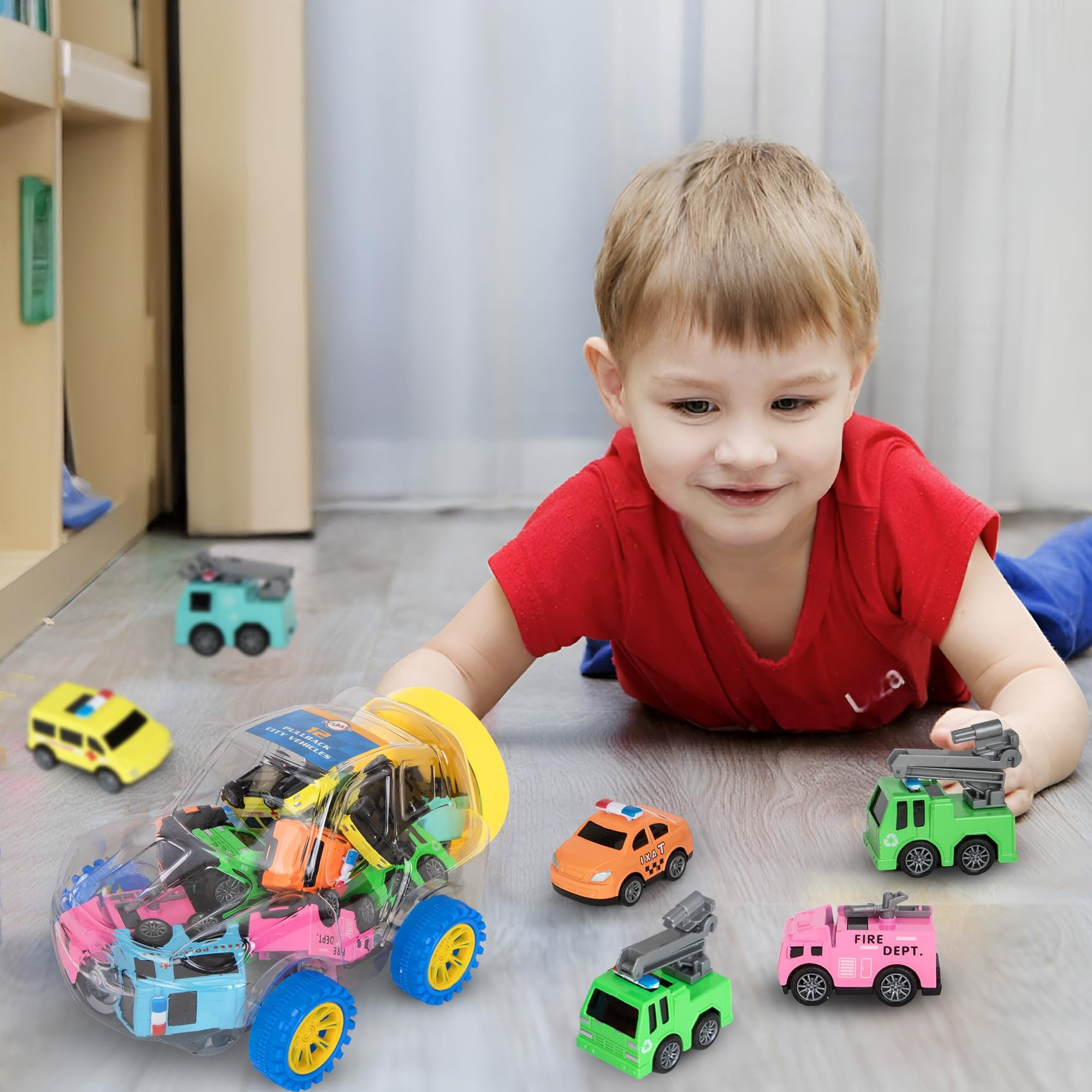Playkidiz Mini Vehicle Toy Set with Storage Container, 12