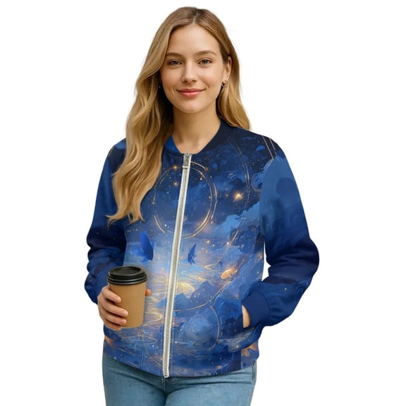 Xoenoiee Women's Casual Jacket Lightweight Bomber Jackets with Pockets Lightweight Windbreaker Zip-up Varsity Jackets Fall Outerwear, Blue Butterfly Galaxy, XX-Large