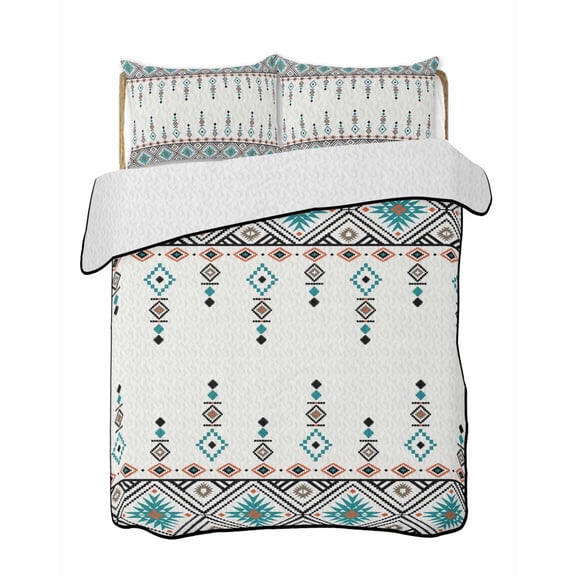 Quilts Queen Size Bedding Set, Teal Black Boho Reversible Summer Quilt 3 Pieces, Vintage Ethnic Tribe Abstract Art Retro Lightweight Bedspreads Coverlets with 2 Pillow Shams for All Seasons