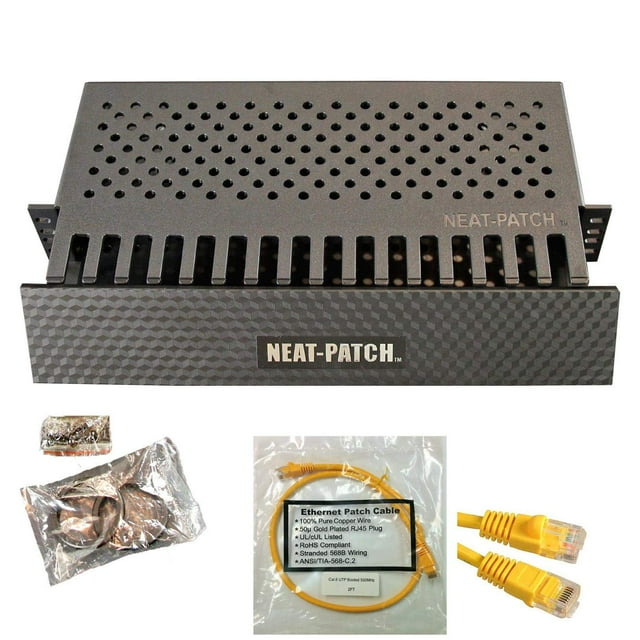Neat Patch 2U cable Management Kit - 2 Packs w 48 cAT6 Patch cables (2FT Yellow)