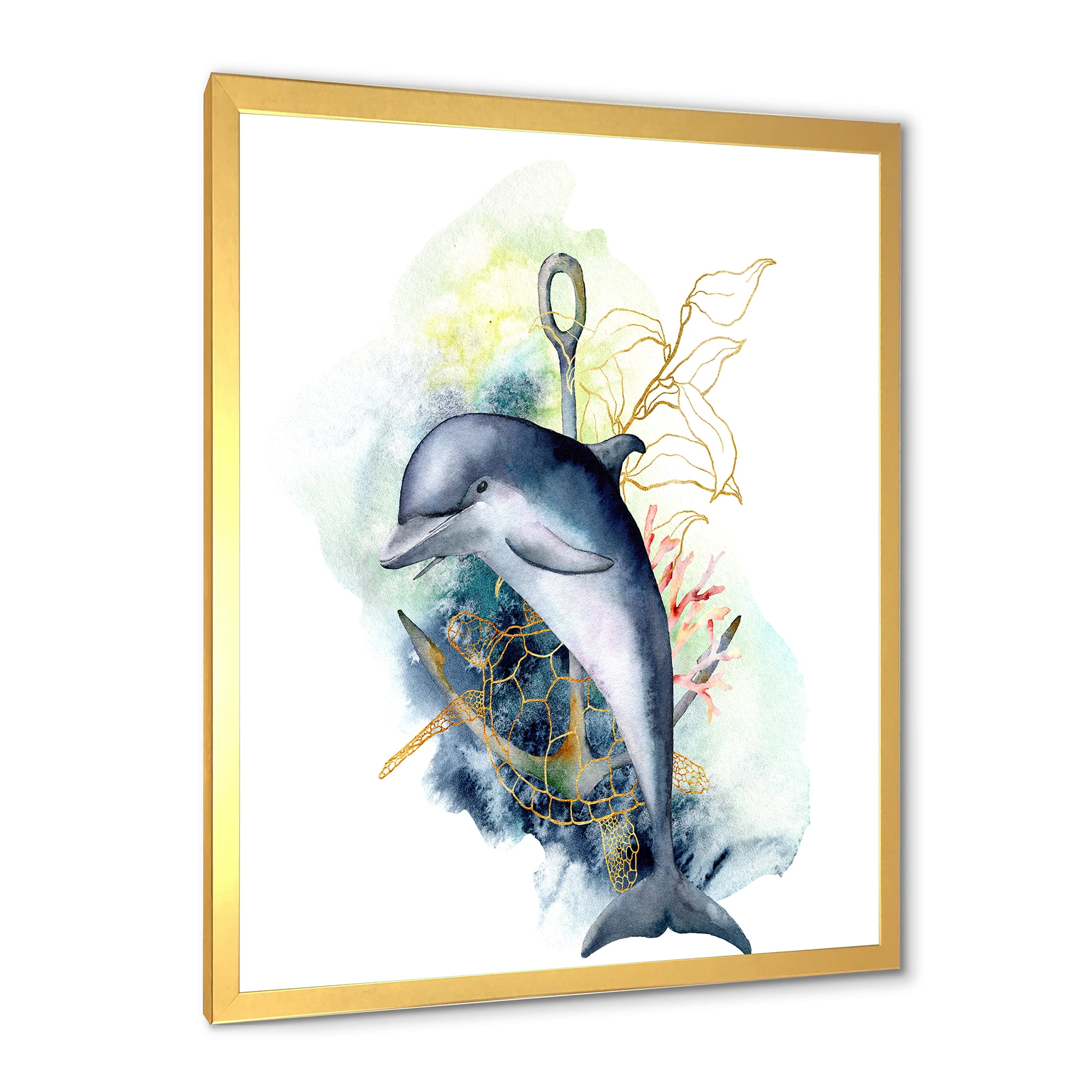 Designart 'Linear Coral Reef Plants and Dolphin Turtle Anchor' Nautical & Coastal Framed Art Print