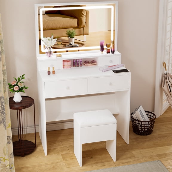 Bexfil White Makeup Vanity Desk with Lighted Mirror & Power Outlet, 3-Color Adjustable Lights, 2 Drawers and Cabinet, Space-Saving Vanity Set for Bedroom, Teen Girls Adult