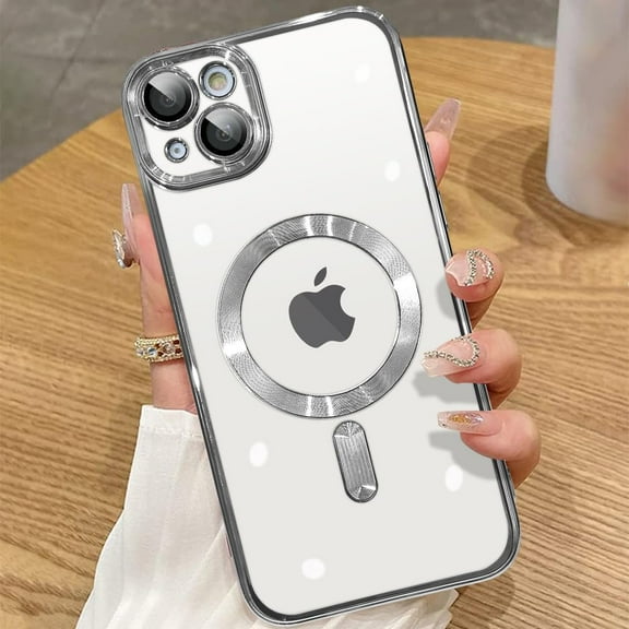 Magnetic Case for iPhone 15 Plus Case 6.7" [Compatible with MagSafe] [Built-in Camera Protector] Clear Plating Luxury Cover for Women Men Soft TPU Bumper Drop Protective Case,Silver