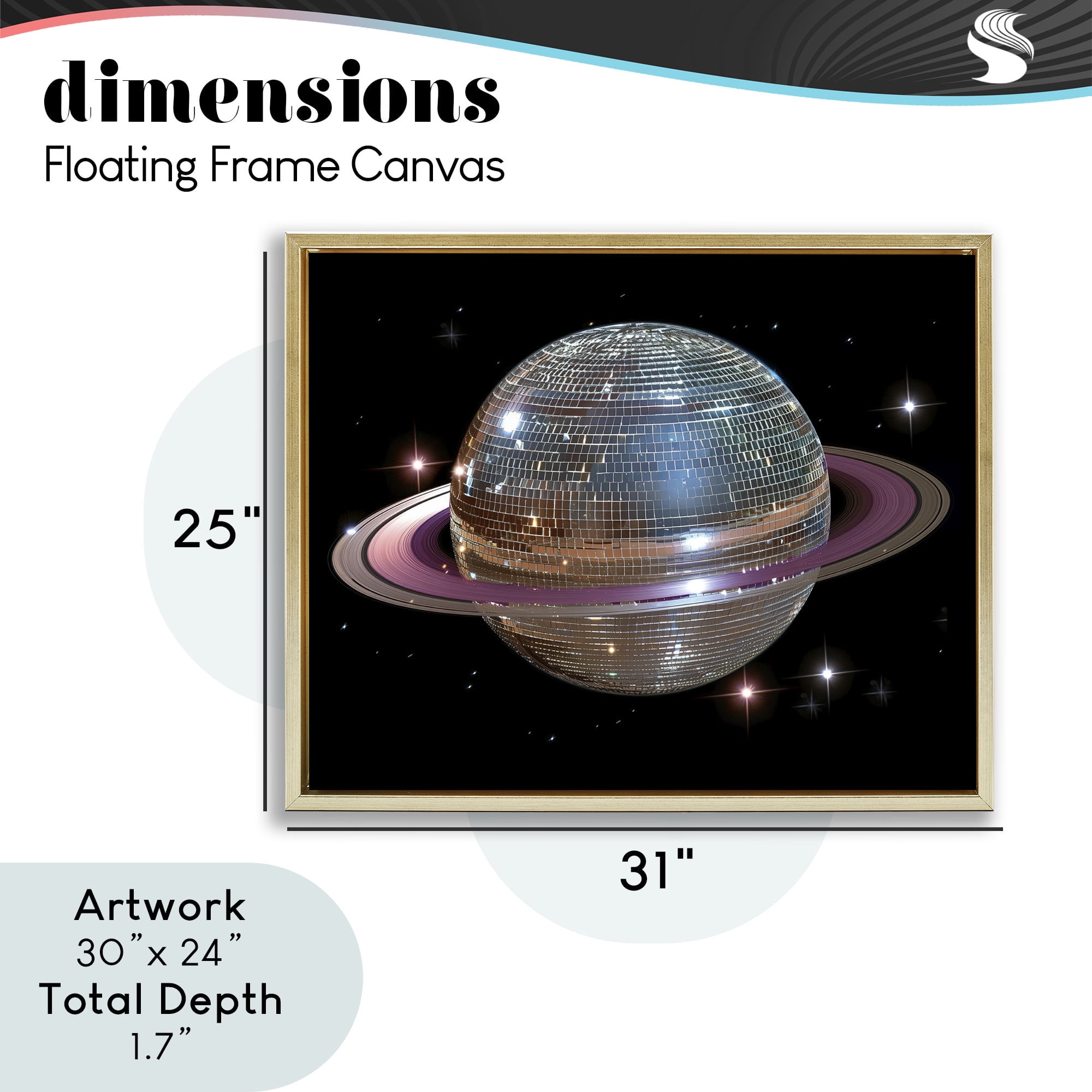 Purple Disco Ball Planet Gold Framed Floater Canvas Wall Art, design by Decent Exposures