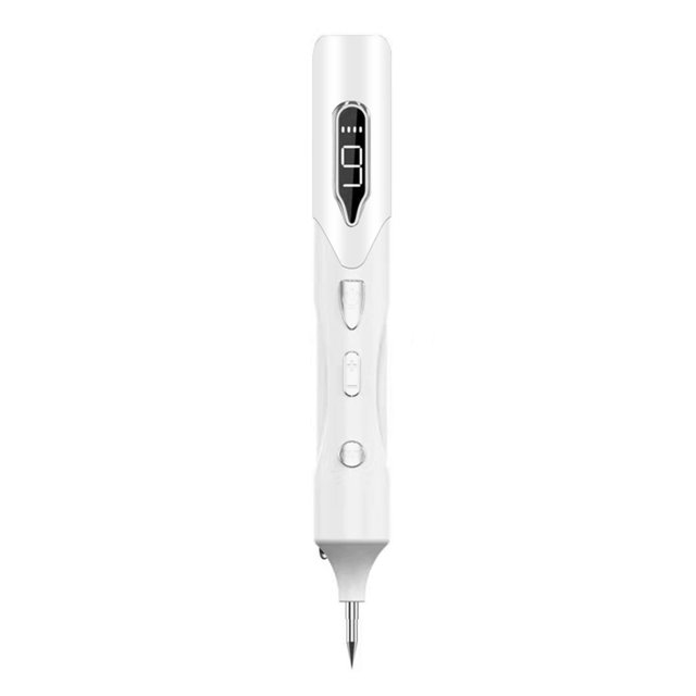 Pluma láser para eliminar lunares y manchas faciales, diseño ergonómico en color blanco, potencia de 5W, incluye agujas y cable USB.