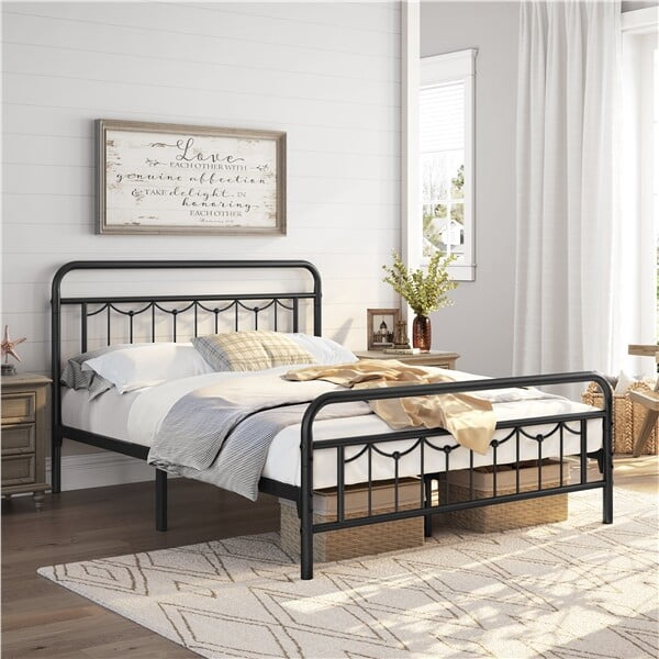 FASCK  Queen Size Metal Bed Frames with Vintage Headboard and Footboard, Farmhouse Metal Platform Bed, Heavy Duty Steel Slat Support, Ample Under-Bed Storage, No Box Spring Needed, Black