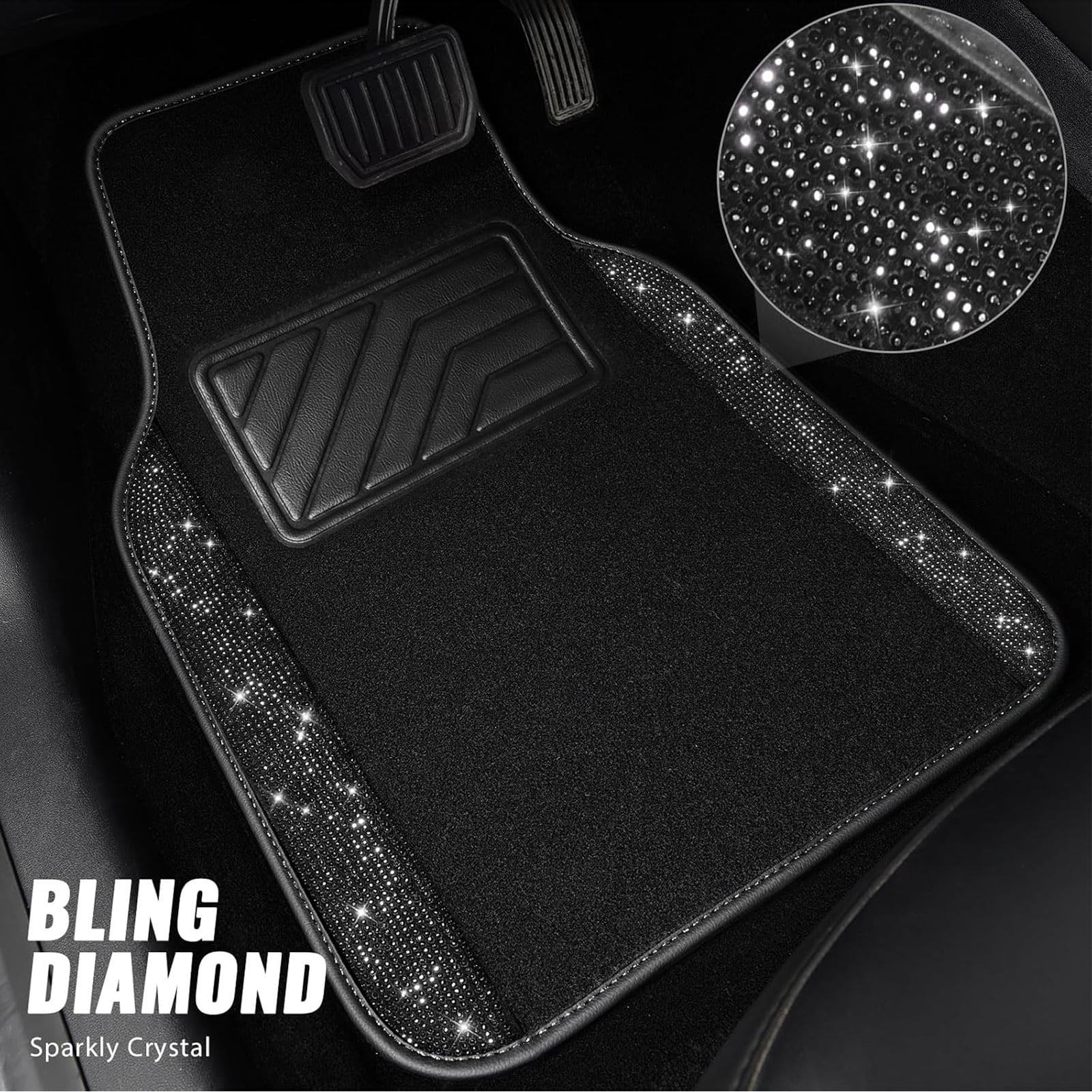 Car-Grand Bling Rhinestone Diamond car floor mats shining carpet sparkly glitter crytal with anti-slip heel waterproof universal fit cute girl women 4pcs Black
