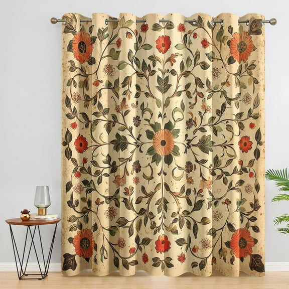 Flower Curtains, Vintage Floral Blackout Curtains For Bedroom Living Room Home Decor, Leaf Botanical Patterned Grommet Drapes 38"W x 45"L