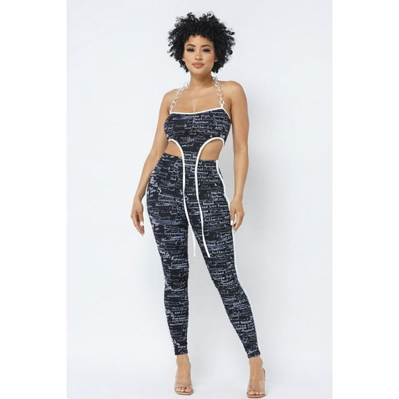 Mesh Print Crop Top With Plastic Chain Halter Neck With Matching Leggings