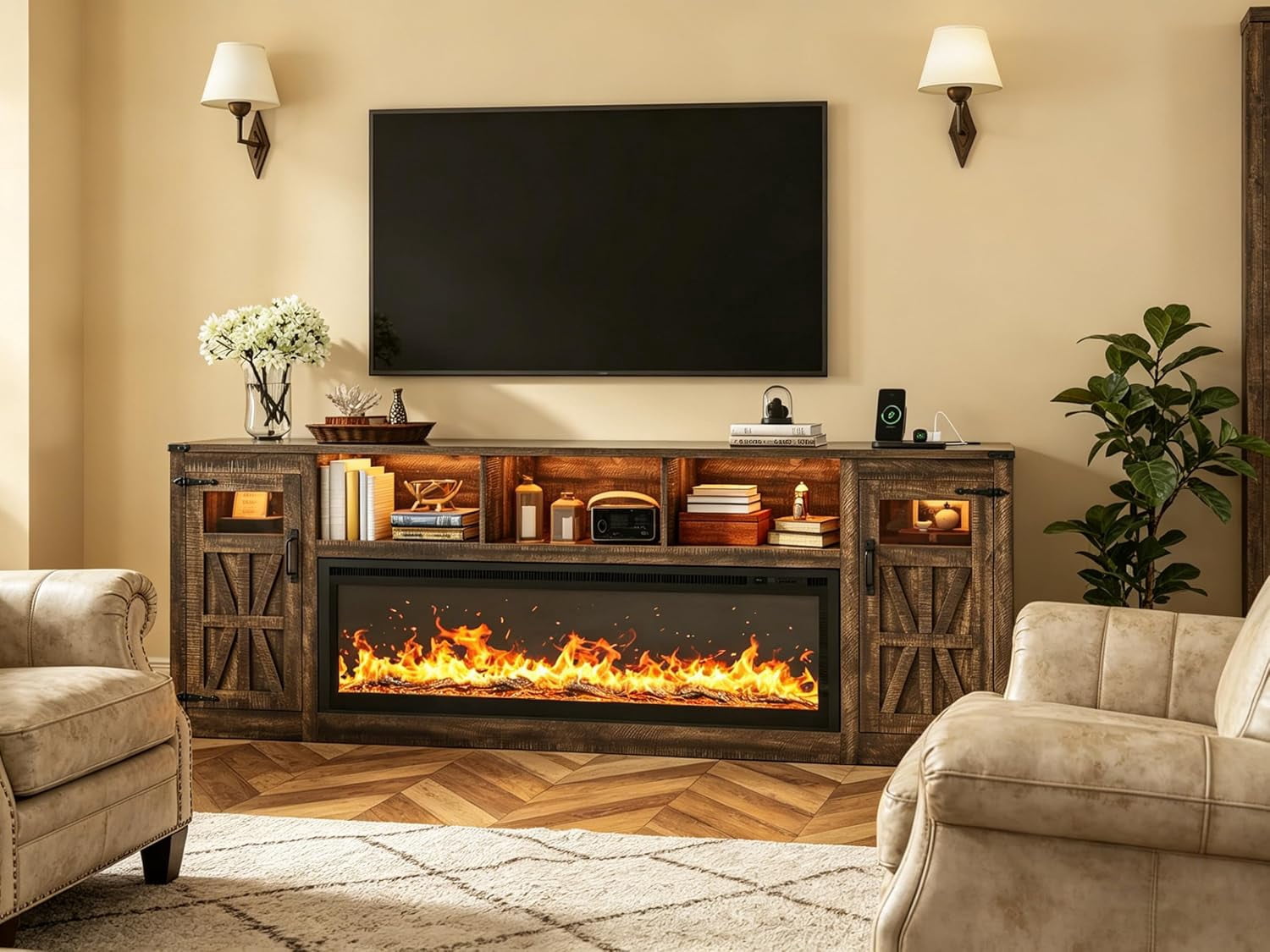 ChVans 95" Farmhouse Fireplace TV Stand for 90/100"TV with 60'' Electric Fireplace, LED Large Entertainment Center with Lights & Power Outlets & 2 Barn Doors Storage Cabinet for Living Room, Brown