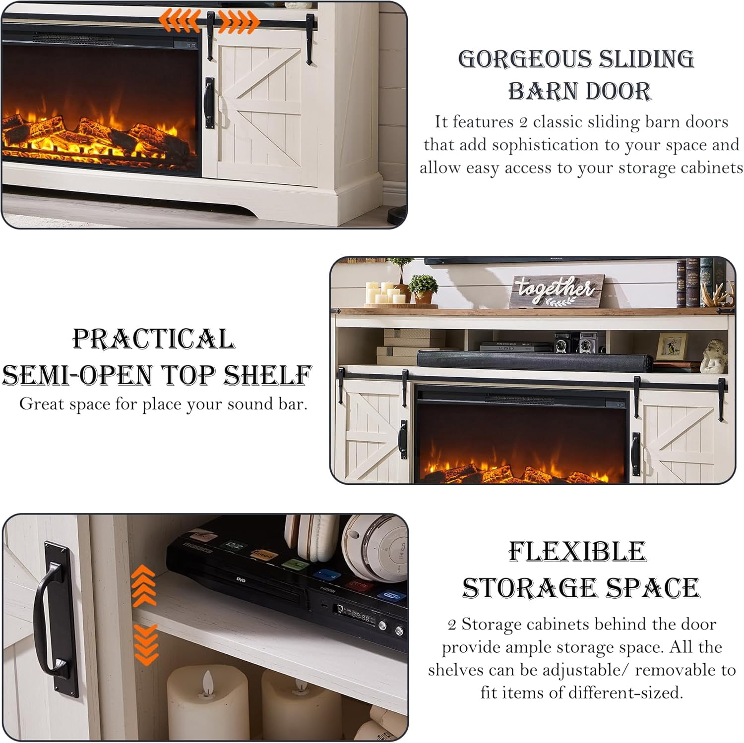OKD Farmhouse Fireplace TV Stand for 80" TV, Highboy Entertainment Center with 36" Electric Fireplace, Media Console with Sliding Barn Door for Living Room, Antique White