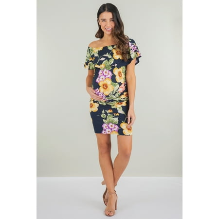 

Maternity Sleeveless Bodycon Ruched Floral Print Dress with Ruffles