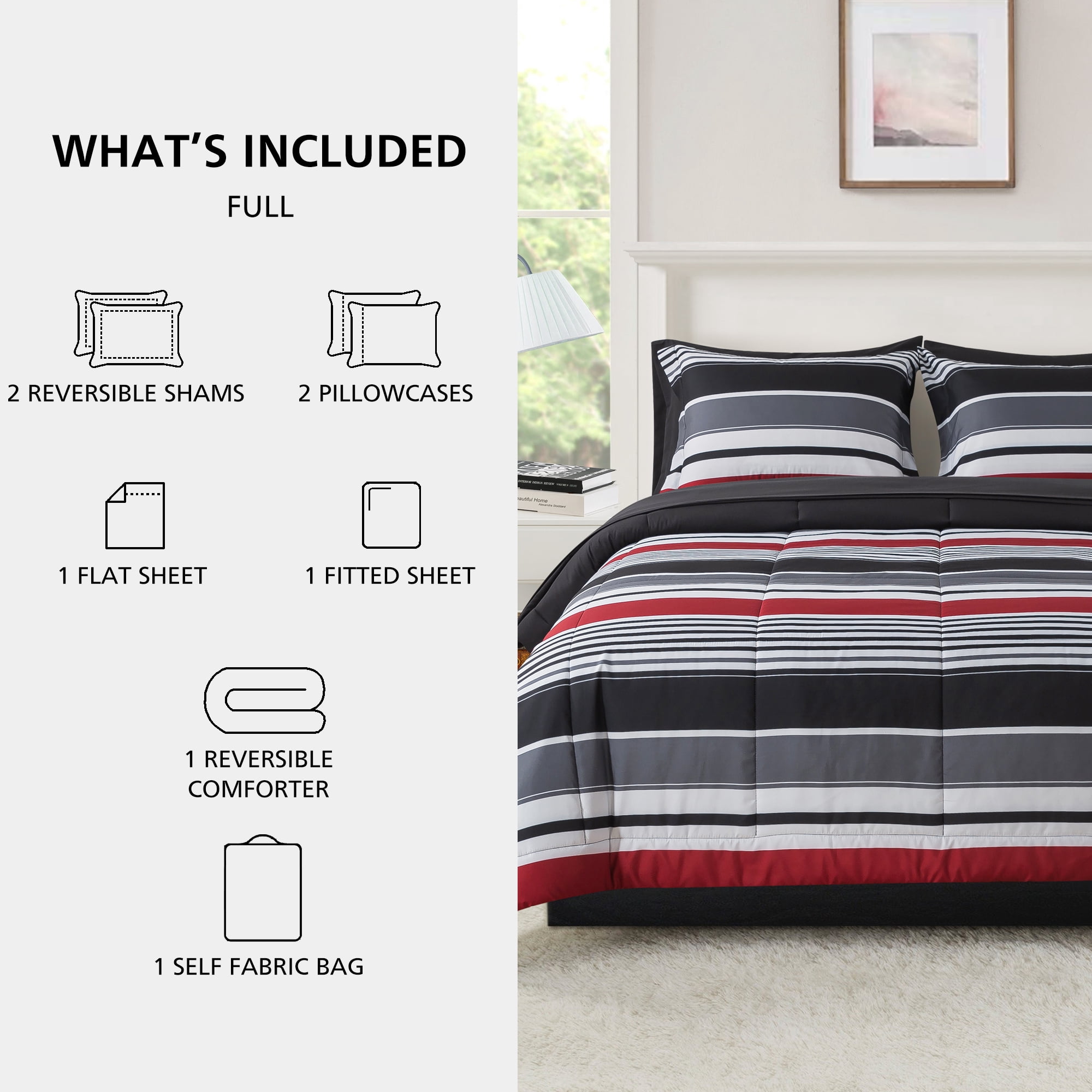 Mainstays All in One Reversible Comforter and Sheet set- 7 Piece, Full, Red and Black Stripe