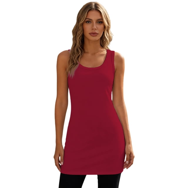 Gpoecd Plus Size Tank Tops for Women Longline Crew Neck Basic Layering Stretch Fit Comfortable Camisole with Built In Bra Wine,XL