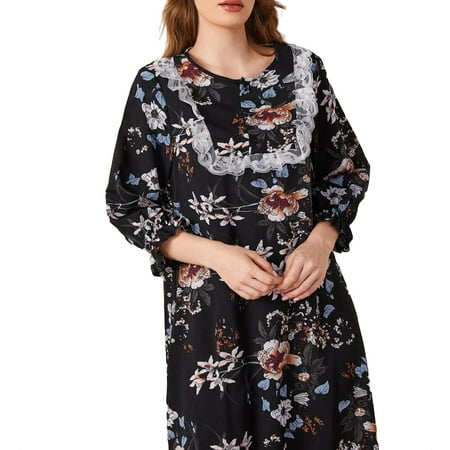 

Cute Floral Round Neck Nightgowns Black 3/4 Sleeve Women Nightgowns & Sleepshirts