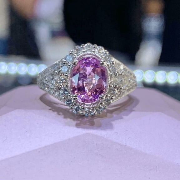 3CT Oval Cut Pink Sapphire Floral Engagement Wedding Ring in 925 Sterling Silver- September Birthstone