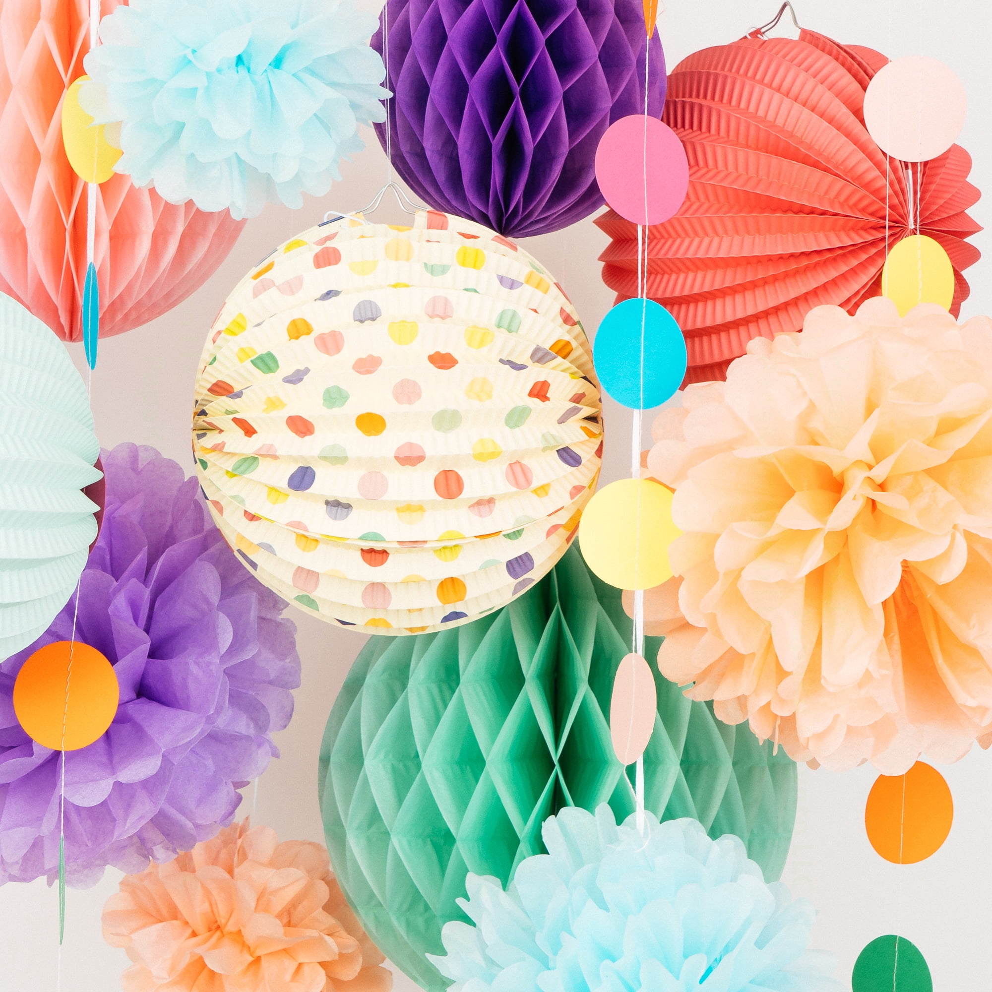 PapaKit Premium Paper Decoration Set - Pom Pom, Honeycomb and Accordion Lantern (Festive Colors) Birthday Party Baby Shower Bride to Be Engagement Wedding Events
