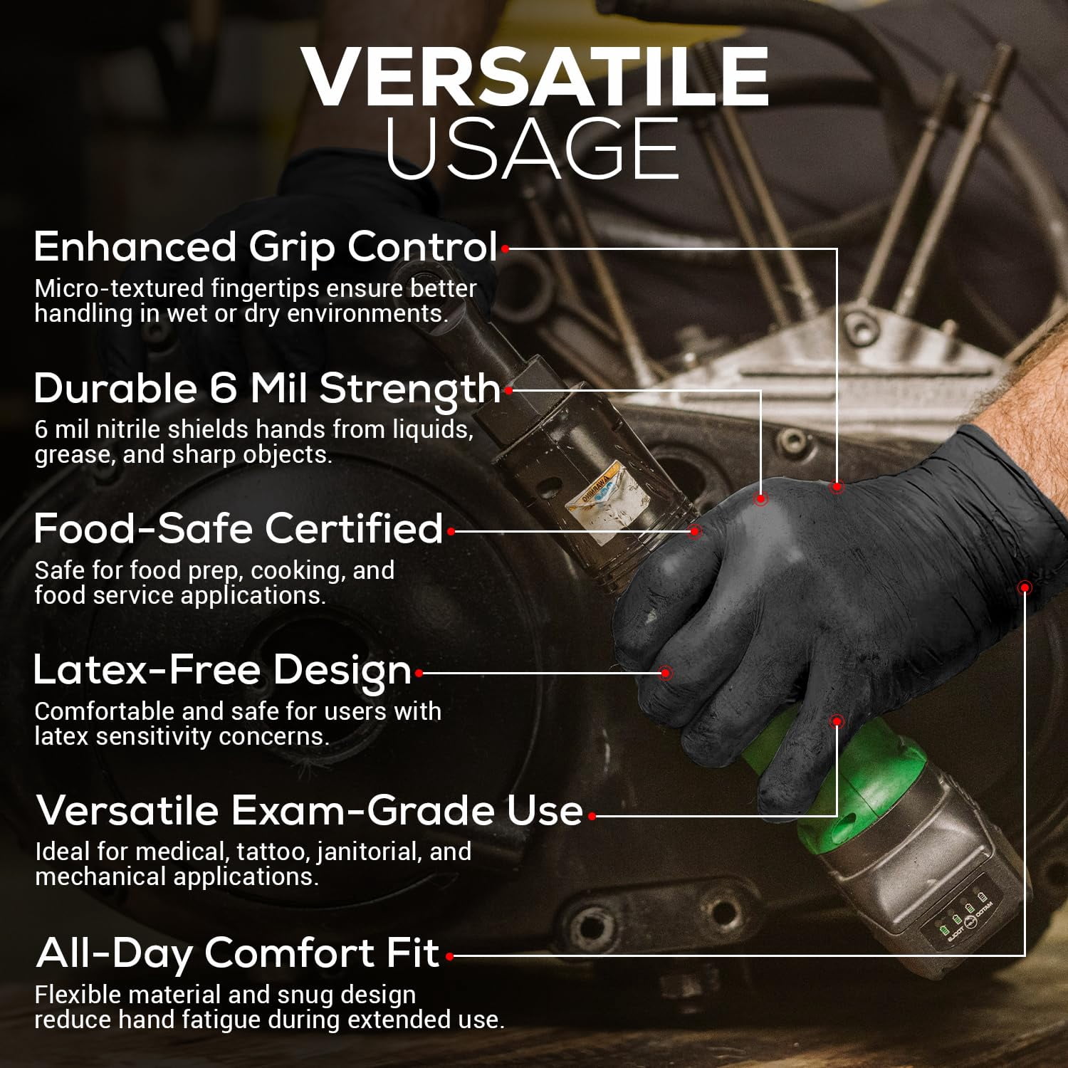 First Glove Volt 6 Mil Black Nitrile Disposable Gloves - 1000 Count Large - Food Safe Heavy Duty Gloves for Cooking, Cleaning, Industrial & Food Service - Latex Free, Powder Free, Micro-Textured Grip
