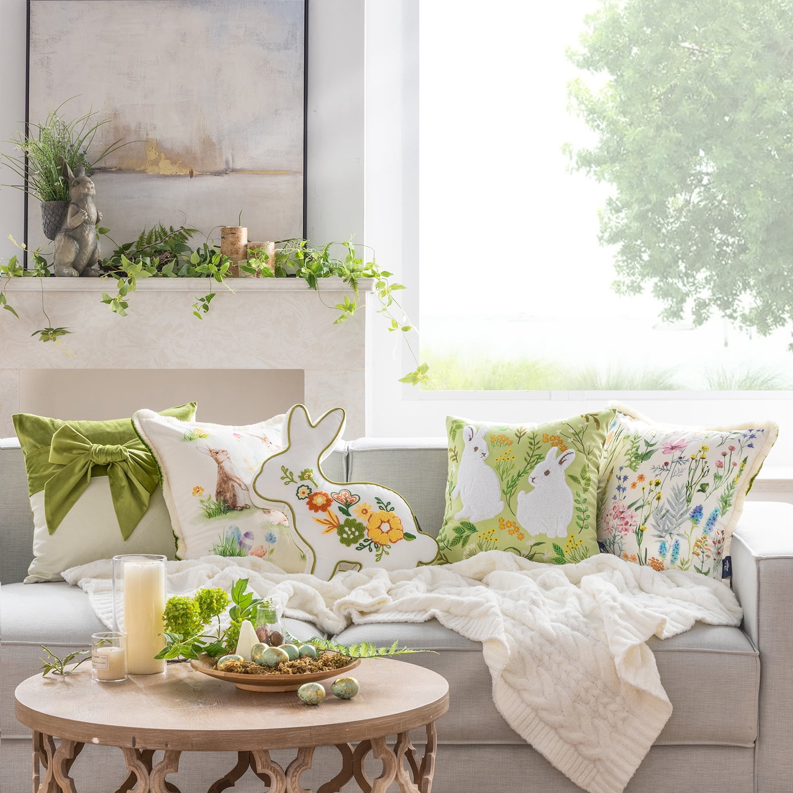 Happy Easter Throw Pillow Tassel Trimmed Printed Colorful Flowers and Rabbits Decorative Easter Pillows, 18" x 18", Light Green, 2 Pack