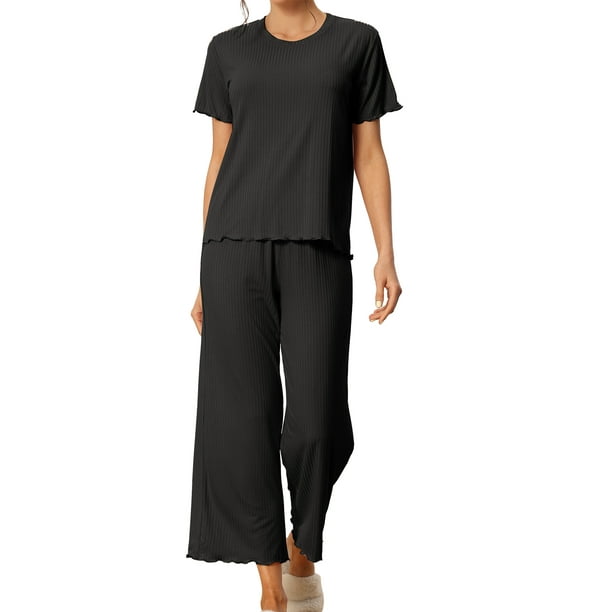 Conjuntos de pijama para mujeres INSPIRE CHIC, cuello redondo, manga corta, pijama casual de canalé, pijamas para damas, color negro