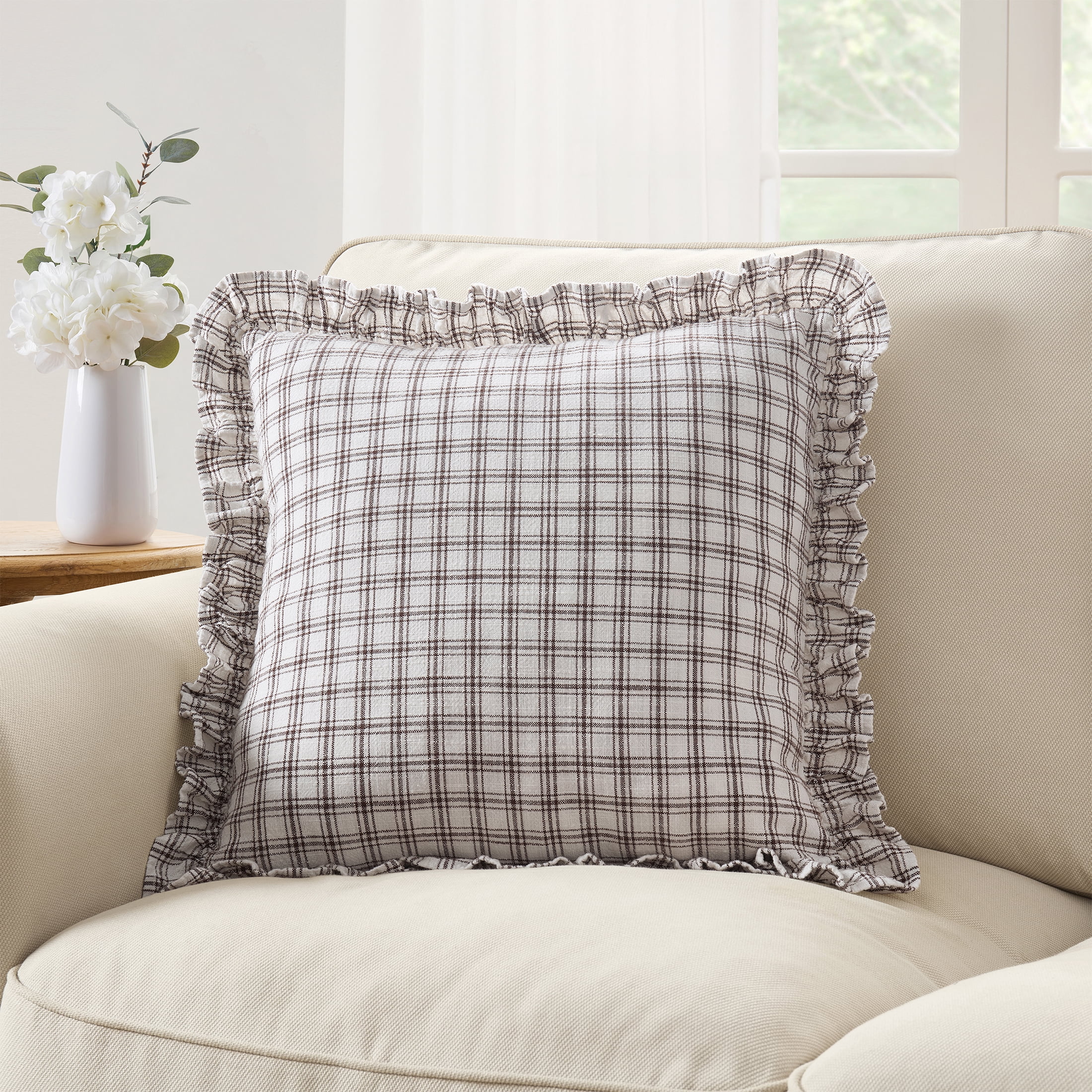 My Texas House 18" x 18" Ivory/Brown Ruffle Plaid Cotton Decorative Pillow
