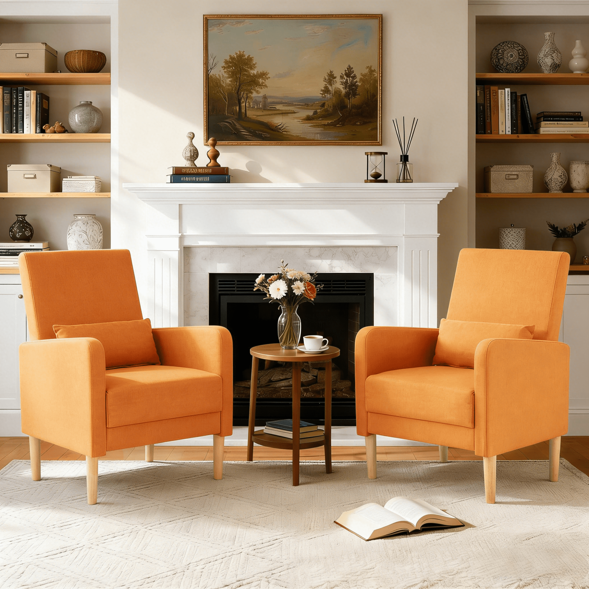Gewnee 26.5"Wide Modern Armchair Set of 2,Compact Comfy Reading Chair with Solid Wood Frame & Pillow,Small Lounge Chairs for Living Room,Bedroom,Easy Assembly,Orange
