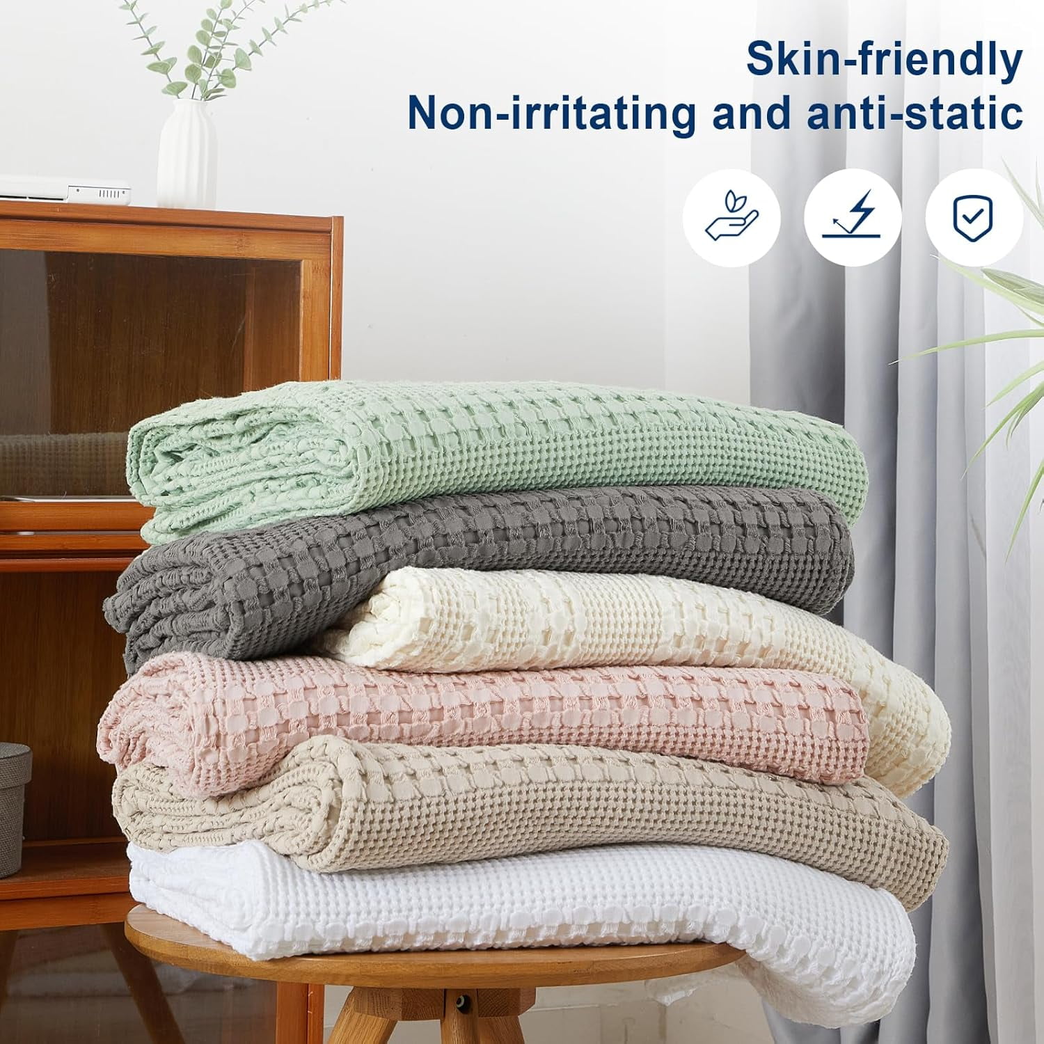 PHF 100% Cotton Waffle Weave Blanket, Lightweight Twin Washed Blanket for Bed Sofa Home Decor, Oatmeal, 66"x90"