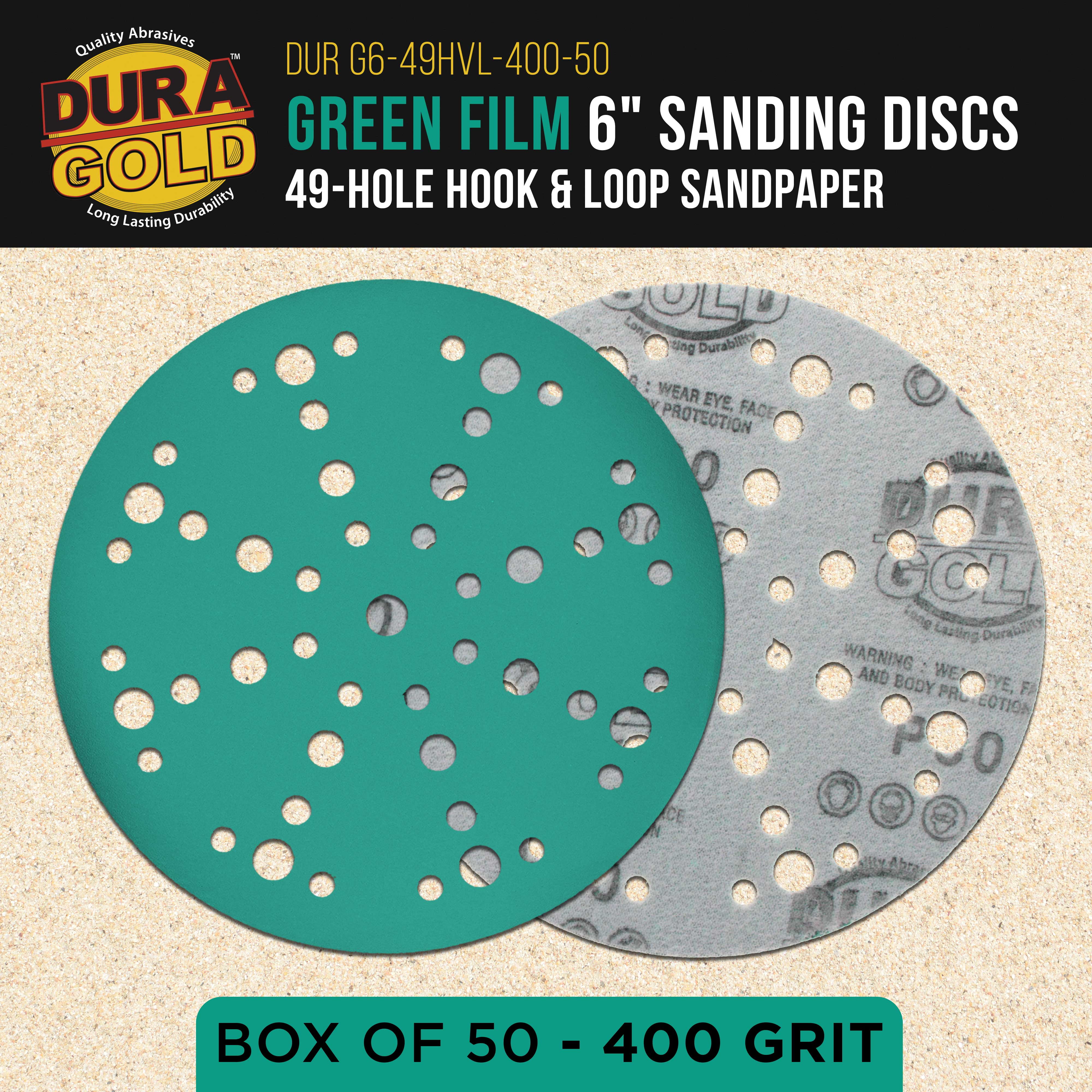 Dura-Gold Premium 400 Grit 6" Green Film Sanding Discs, 49-Hole Pattern, Box of 50 - Heavy-Duty Dustless Hook & Loop Backing Sandpaper for DA & Random Orbital Sanders, Sand Auto Paint, Wood Furniture