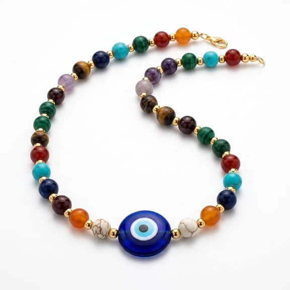 RUNDRAW Evil Eye Multicolor Natural Stone Beaded Choker Necklace Bohemian Protection Charm Collar Necklace for Women