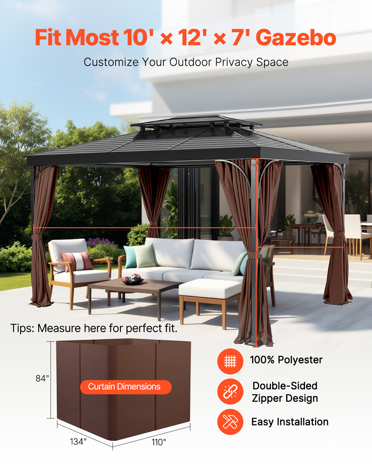 VEVOR Gazebo Curtains Outdoor, 12' x 10' x 7' Gazebos, 4-Panel Sidewall Gazebo Privacy Curtains with Zippers, Outdoor Curtain Replacement for Patio Canopy, Only Curtain, Coffee