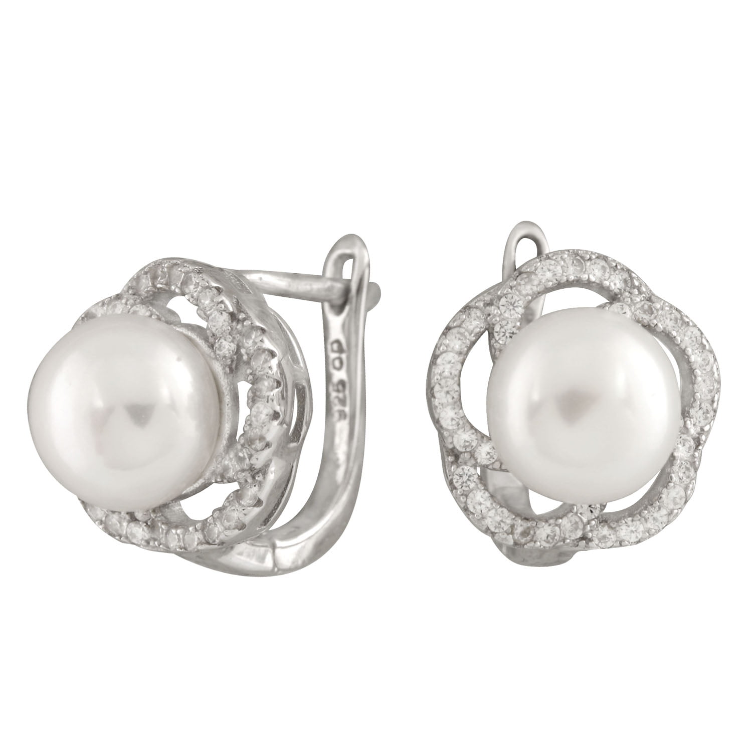 Handpicked 8.5-9mm Freshwater Cultured Pearls 925 Sterling Silver Stud Post Dangling Earrings CZ Halo