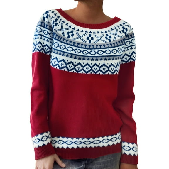 Sweaters for Women Casual Fall Winter Retro Fair Isle Knit Soft Crewneck Color Block Pullover Plus Size Blouses for Women,Red,L