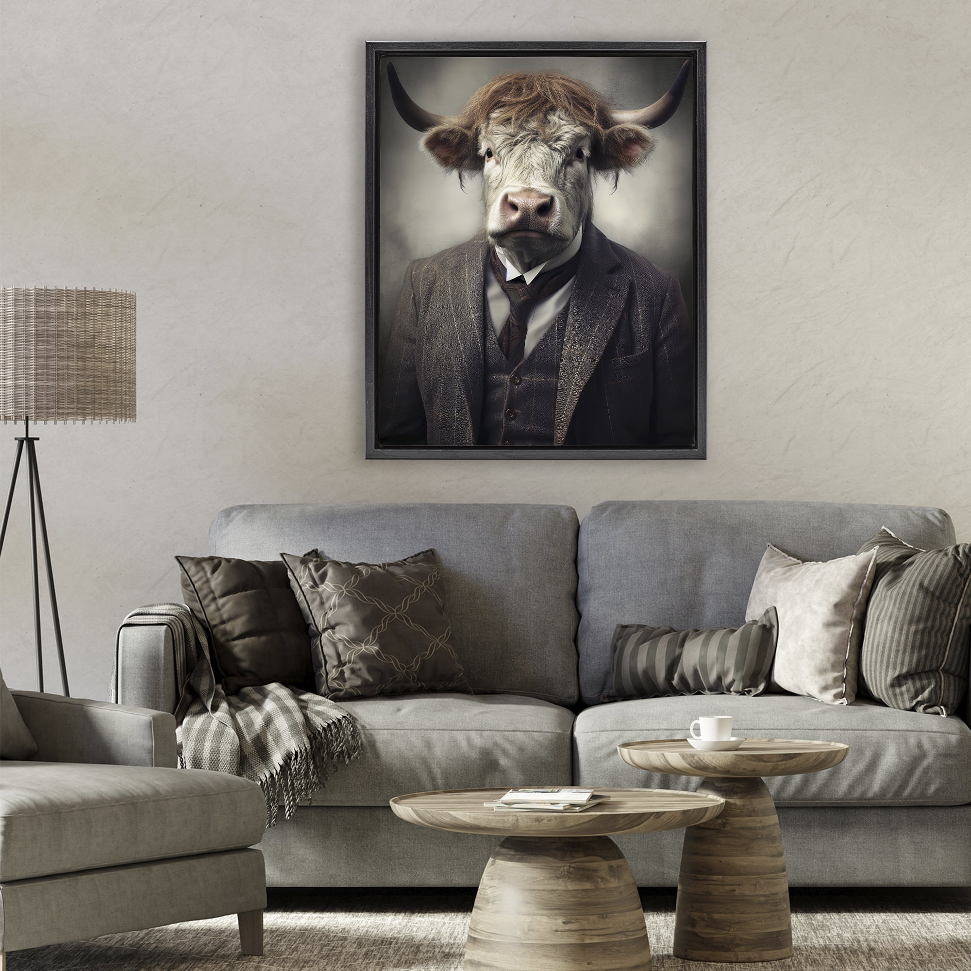 Stupell Industries Sophisticated Bull Portrait Black Framed Floater Canvas Wall Art, design by Ray Powers