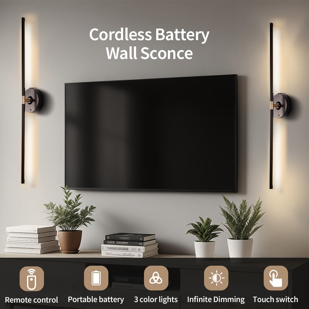 Battery Operated Black & Gold Wall Sconces Set of 2, Wireless Rechargeable Wall Lights with Remote Control, 3000K-6000K Stepless Dimming 360° Rotate Wall Decor Lamp for Living Room Hallway Bedroo