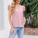 thumbnail image 2 of Camiseta de mujer con cuello en V y volantes de manga suelta con ribete de encaje de color puro con abertura en la espalda, 2 of 6