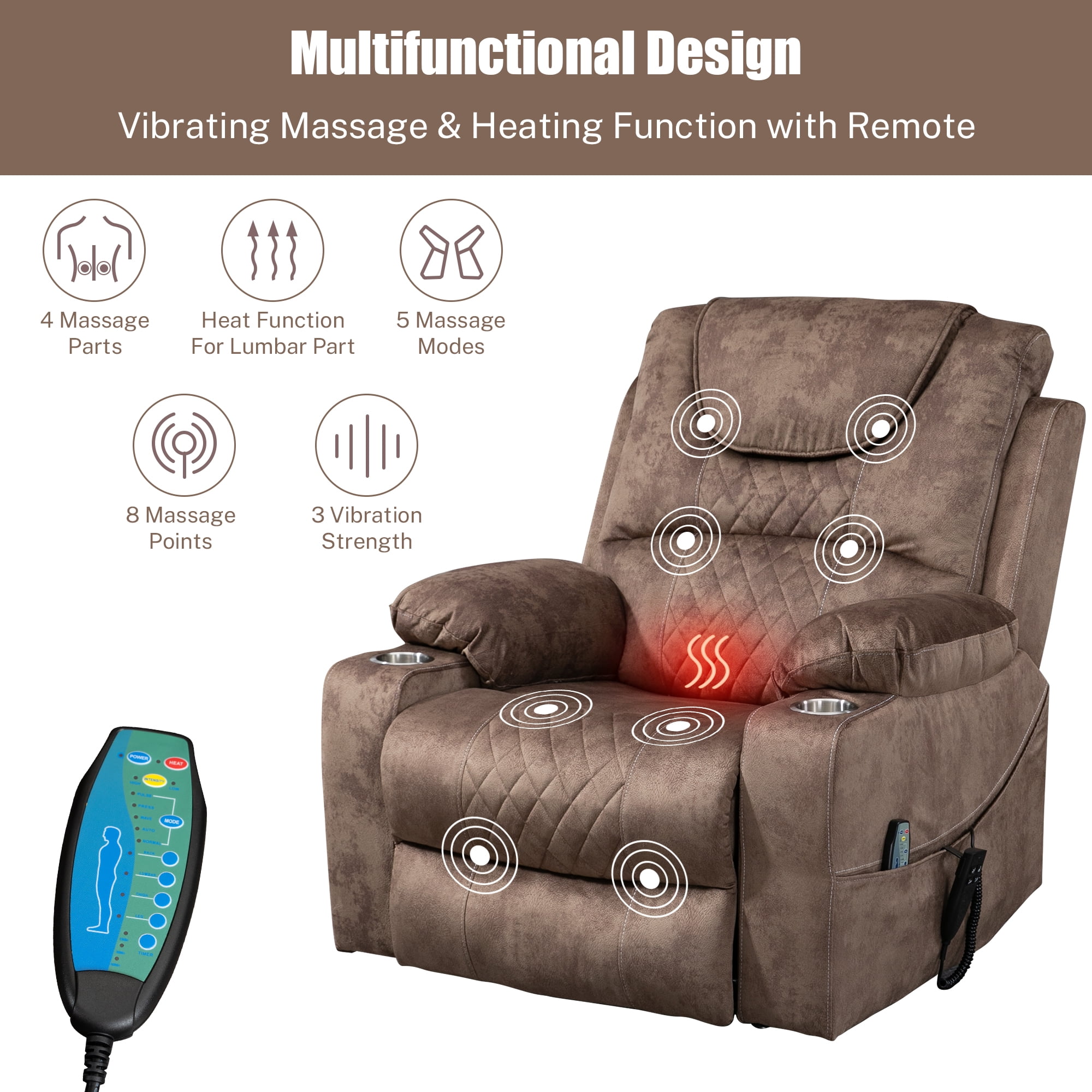 LEGAHOME Large Lift Chair with Heated and Massage Functions, Extended Fabric Lift Recliner Relax Sofa with 2 Remotes and 2 Cup Holders, Oversize Electric Power Lounge Chiar for Elderly Big Men, Brown