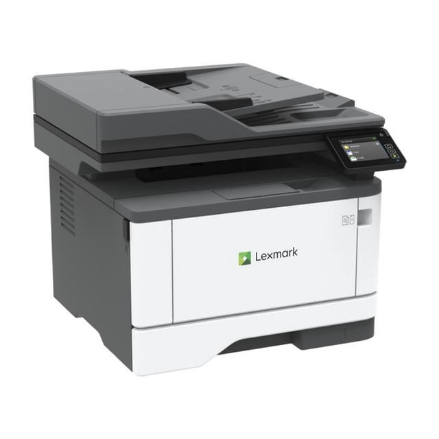 multifuncional lexmark laser monocormatica mx331adn láser, print/scan/copy/fax Vista frontal 3/4 de la Lexmark MX331adn en gris y blanco con bandeja ADF superior, panel táctil LCD inclinado de 7,2 cm, bandeja de salida frontal y logo Lexmark; diseño compacto para grupo de trabajo pequeño, impresión dúplex integrada y conectividad de red; a menudo usada también para digitalizar y organizar archivos de oficina.