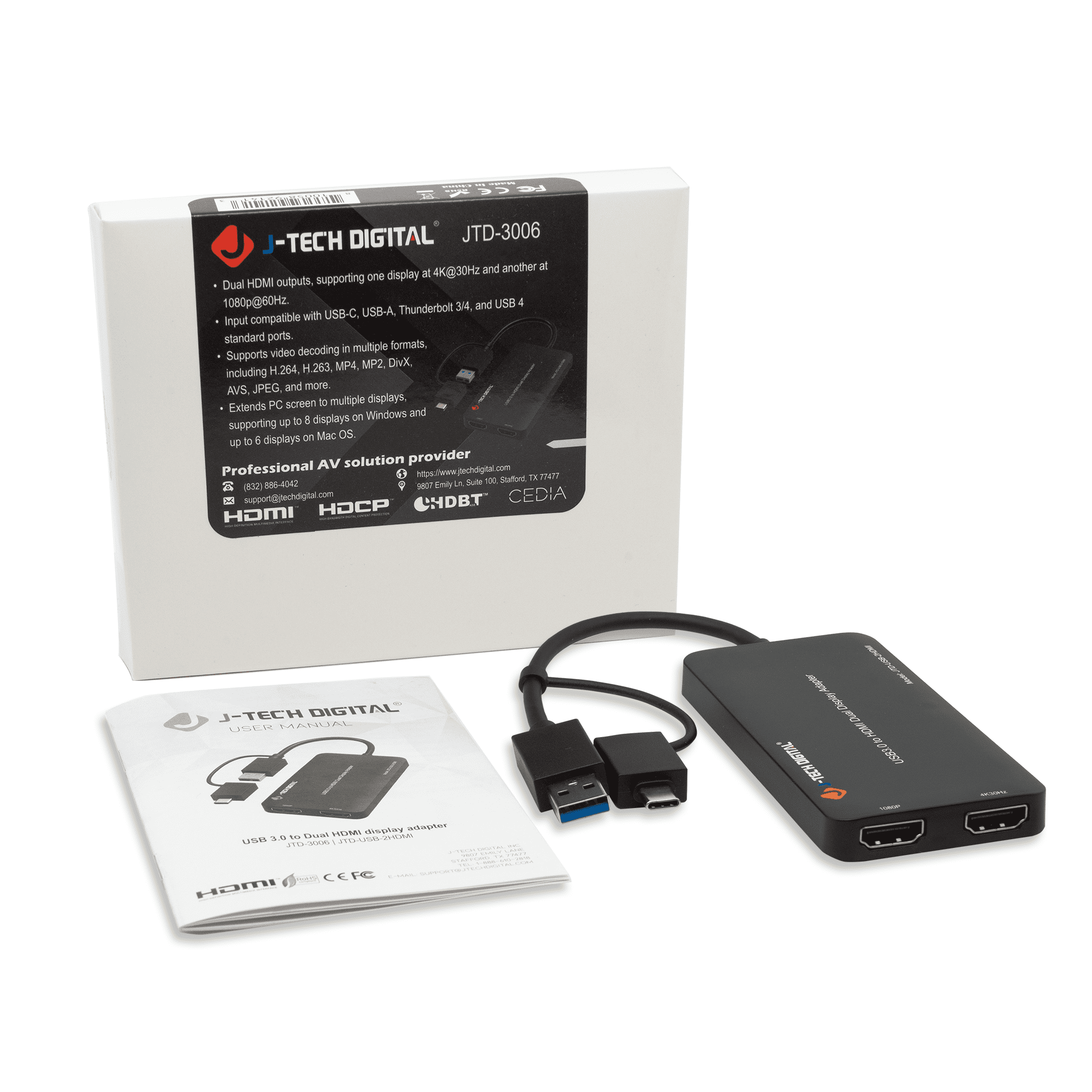 USB 3.0 (Type A/C) to Dual HDMI 4K 30Hz & 108P 60Hz Display Adapter | Features USB-A or USB-C Inputs, USB Powered, Mirror, Extend, Rotation, Clamshell Modes by J-Tech Digital [JTD-USB-2HDMI]