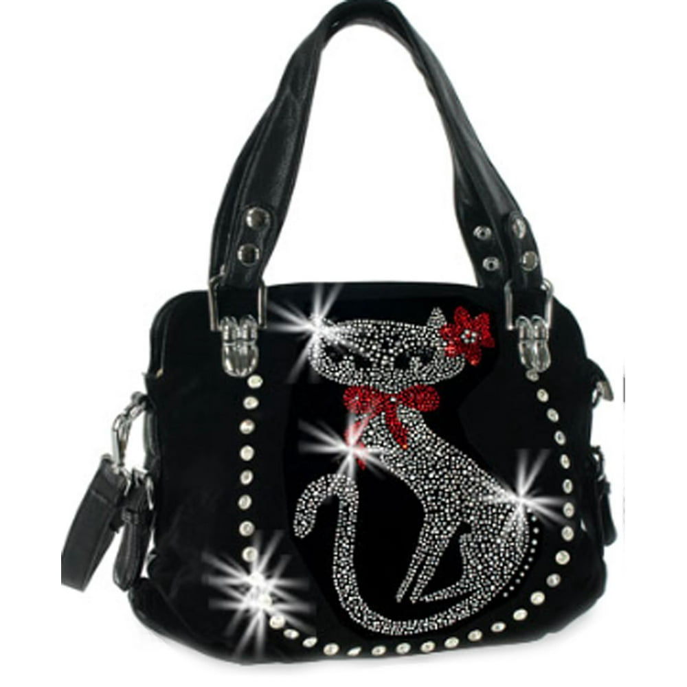 Zzfab Zzfab Rhinestone Bling Cat Purse Double Handles Shoulder Bag Black