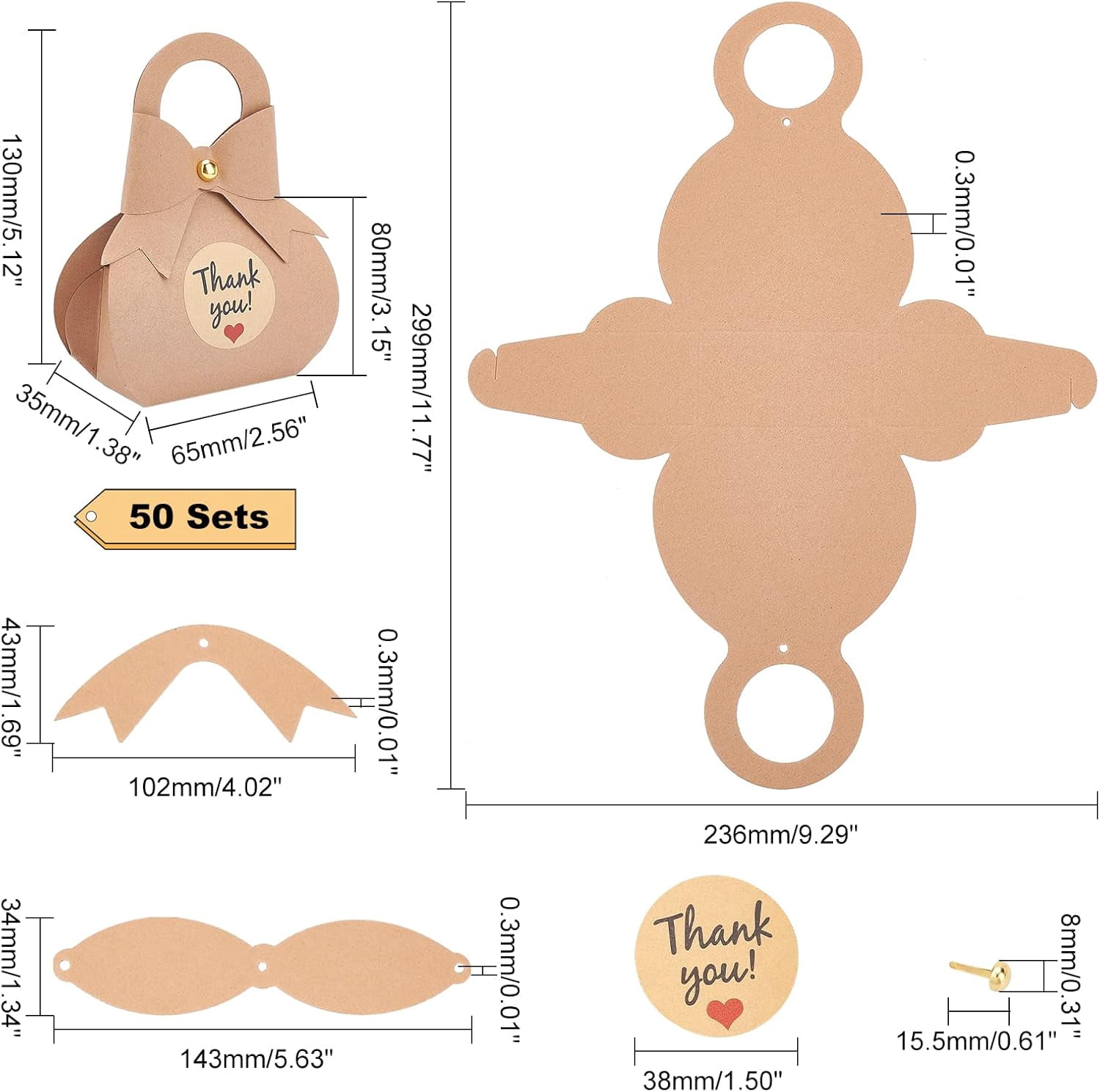 50 Packs Bowknot Favor Boxes Kraft Package Box Thank You Favor Boxes With Stickers Treat Paper Boxes for Wedding Birthday Bridal Shower Baptism 3.5x6.5x13cm /1.3x2.6x5.1 inch