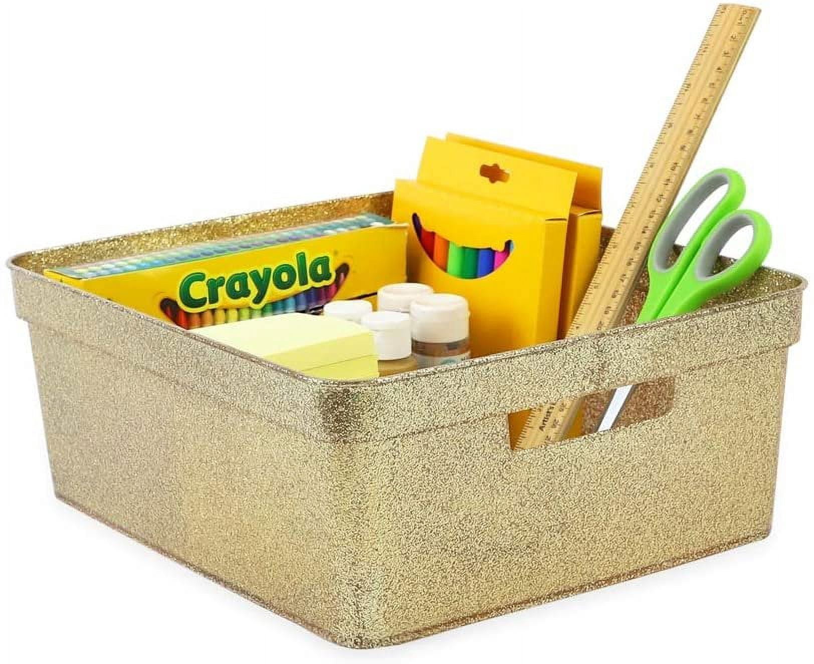 Isaac Jacobs Medium Glitter Storage Bin 14 x 11.5 x 5.5 Set w/Cut-Out Handles, Plastic Organizer, Multi-Functional, Home Storage Solution, 2, Gold
