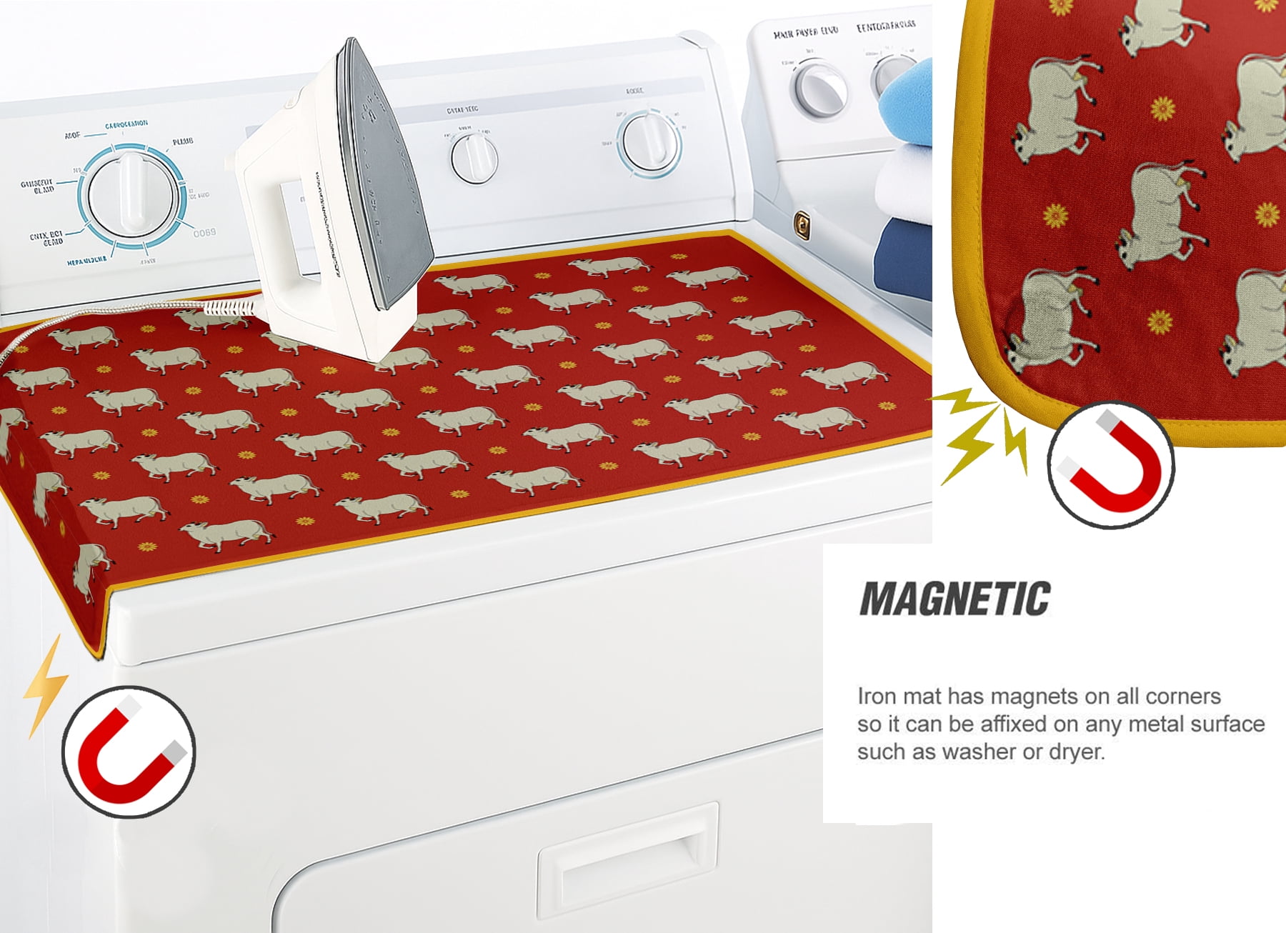 Vargottam Magnetic Ironing Mat - Foldable Cotton Iron Mat with Fiber Pad & Silicone Iron Rest - Portable, Washable, Travel-Friendly Ironing Board Alternative for Tabletop, Washer, Dryer - Animal