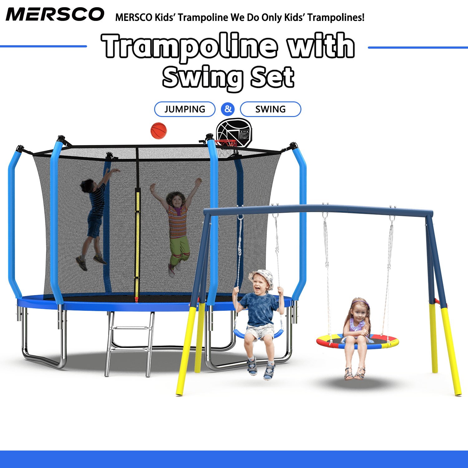 Mersco 10FT Trampoline with Enclosure Net,Swing Set, Outdoor Trampoline with Basketball Hoop for Kid,Jumping Trampoline with Swing Set for Backyard,Birthday and Holiday Gifts for Kids,Blue