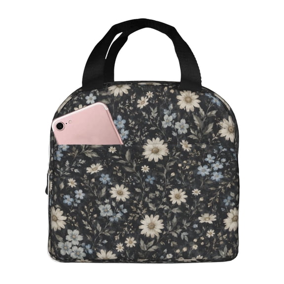 Dark Floral Lunch Bag Reusable Thermal Lunch Box with Handle for Women and Men