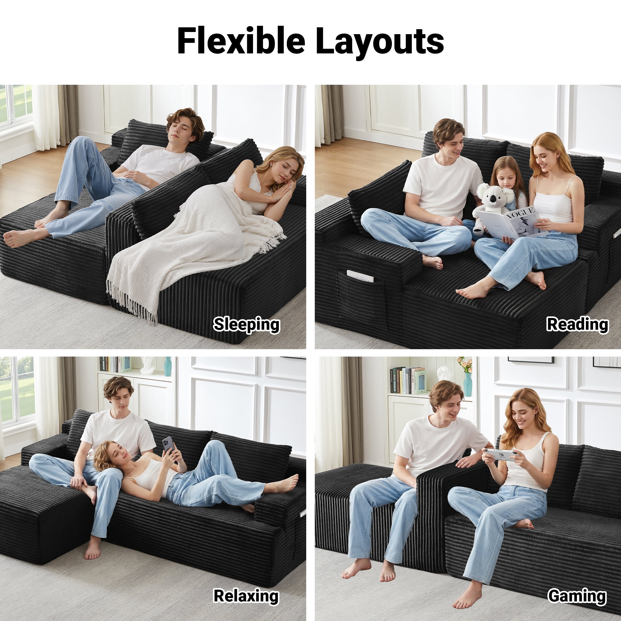 Vanress 96 Inch Modular Sectional Couches for Living Room, Modern Boneless Sofa, Upholstered Deep Seat Cloud Couch, Corduroy Comfy L-Shape Sofas Couches, No Assembly, Black (Left Facing Chaise)